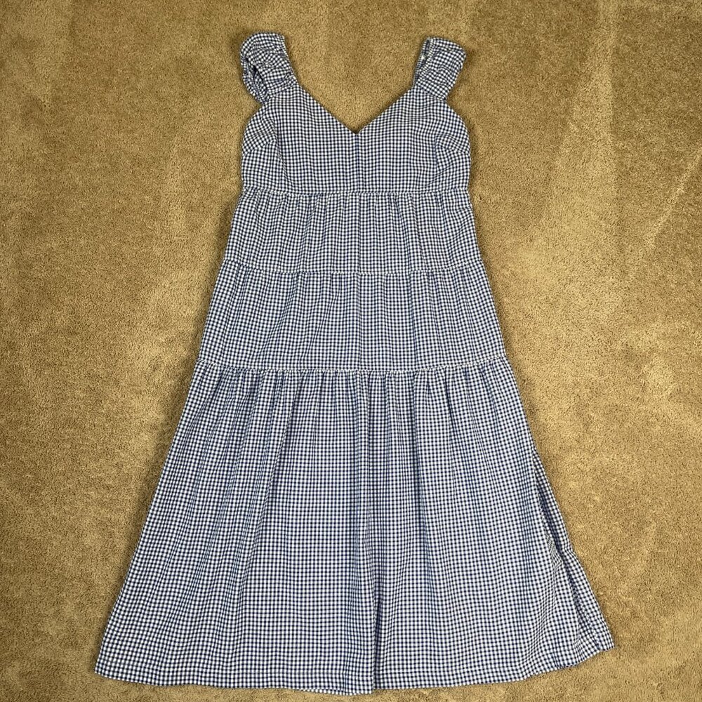 Old Navy Dress Womens L Blue Gingham Plaid Tiered Seersucker Maxi Cottagecore - Picture 3 of 10